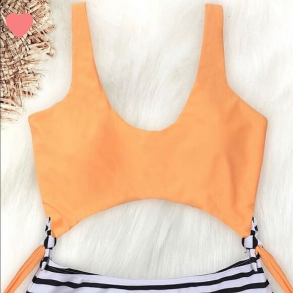 New! Vibrant Orange Stipe Bottom Bikini Or One Piece Tie Bow Sides Swimsuit - Picture 3 of 8